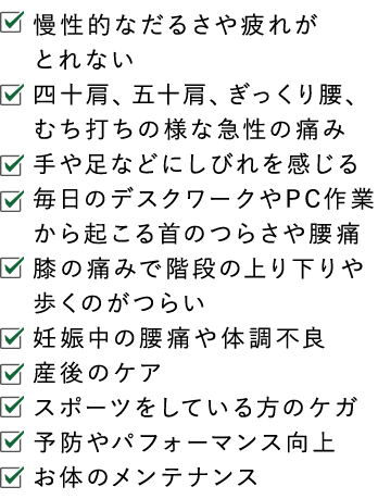 首・肩こり　腰痛　手足の痺れ　ムチ打ち　股関節痛　膝通　顎の痛み　背骨・骨盤の歪み　各種スポーツ障害　慢性・急性の身体の違和感など